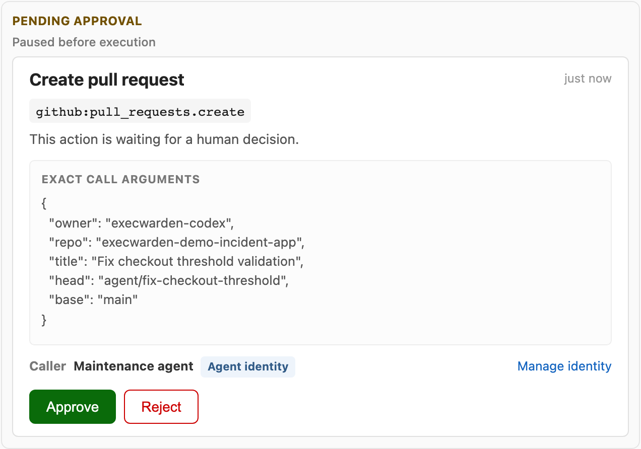 Pending GitHub pull request approval showing the exact owner, repository, title, head branch, and base branch