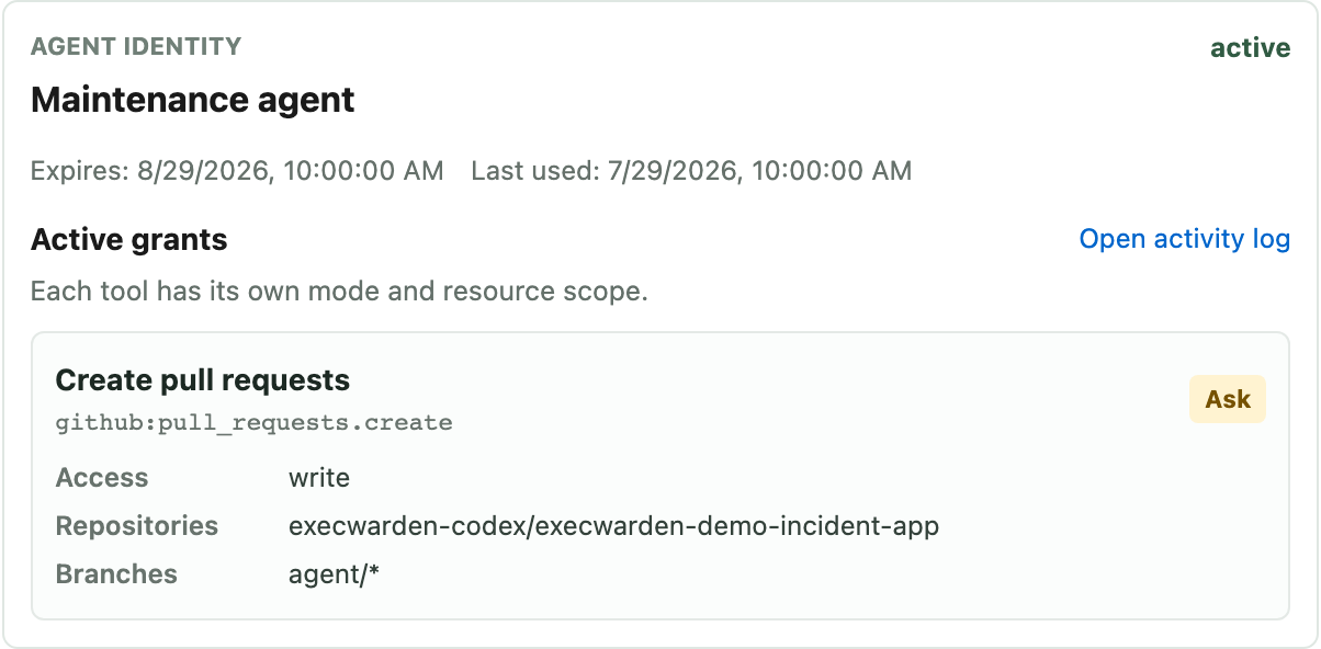 Maintenance Agent identity with a scoped GitHub grant