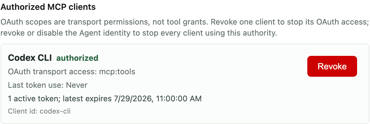 Codex CLI shown with active, separately revocable MCP OAuth transport authorization
