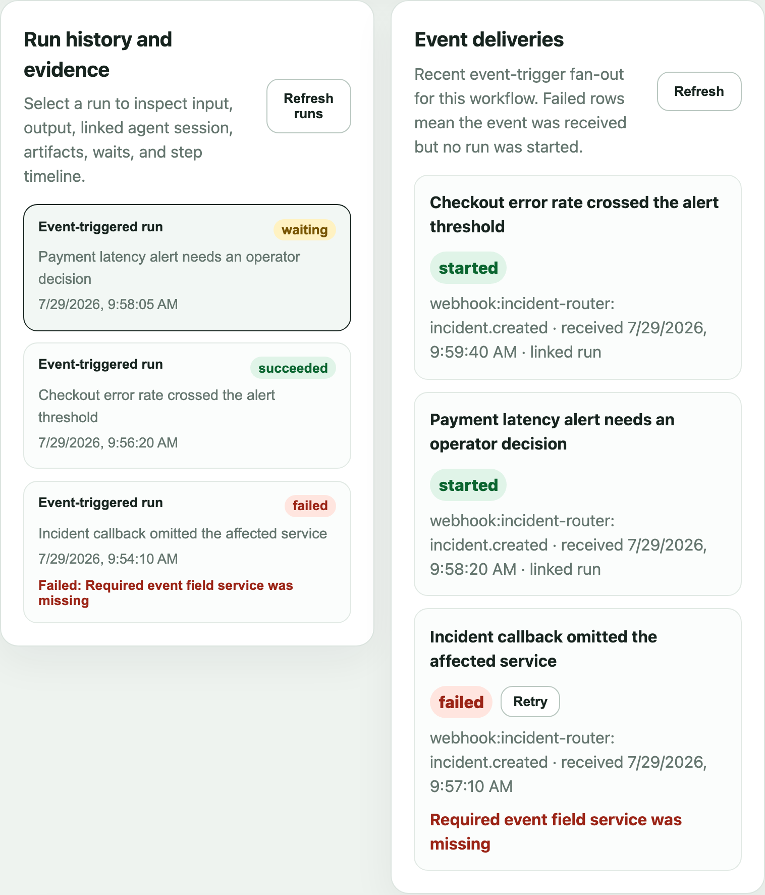 Workflow run history with waiting, succeeded, and failed runs beside started and failed incident event deliveries